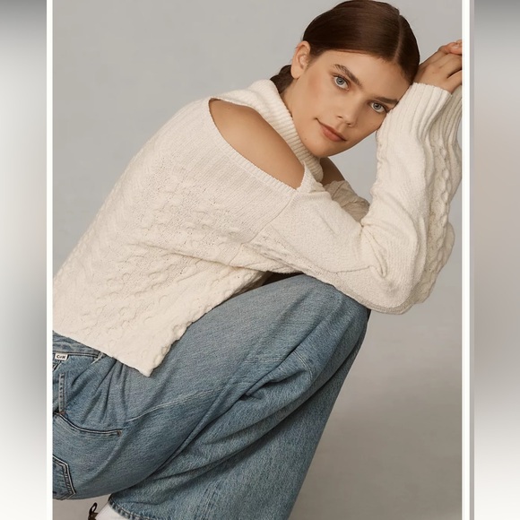 Anthropologie Cold Shoulder Cable Sweater, Size Small. - Picture 2 of 8